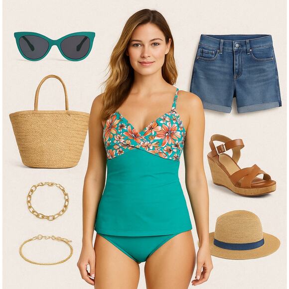 Lands’ End Women’s Floral Twist-Front Tankini Top – Teal & Coral – Size 6P - Picture 10 of 10